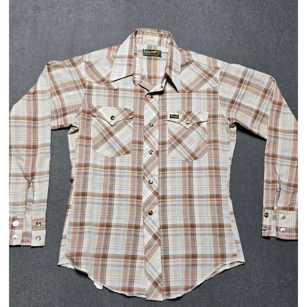 VTG Wrangler Plaid Western Shirt Permanent Press Pearl‎ Snap Youth 14 Large 90s